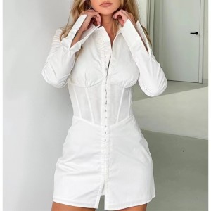 ヨーロッパとアメリカのスタイルのファッションウエストロングスリーブドレスポロカラーホワイトシャツドレス